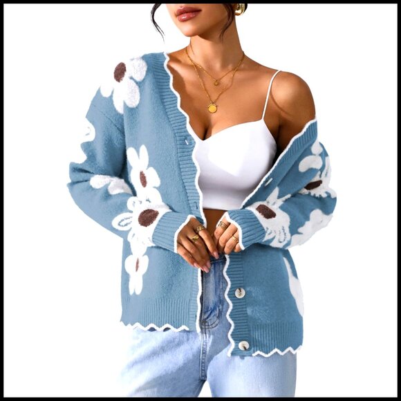 Oversized Fuzzy Cardigan Sweater Long Sleeve Button Front V-Neck